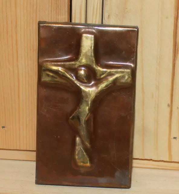 Vintage religious hand made bronze/brass wall hanging plaque crucifixion