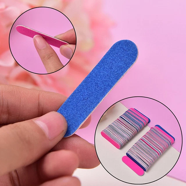 100Pc Mini Nail File 100/180 Grit Pink Blue Wooden Nail Grinding Files Art T#w#