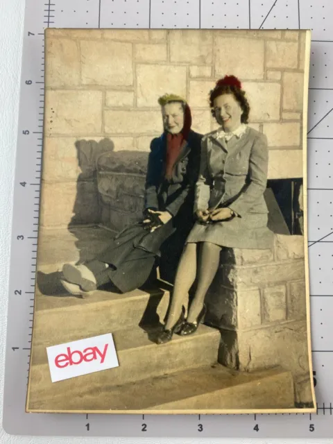 1940's Vintage Black & White Photo w/ Color Tint, 2 Women Sitting on Stoop