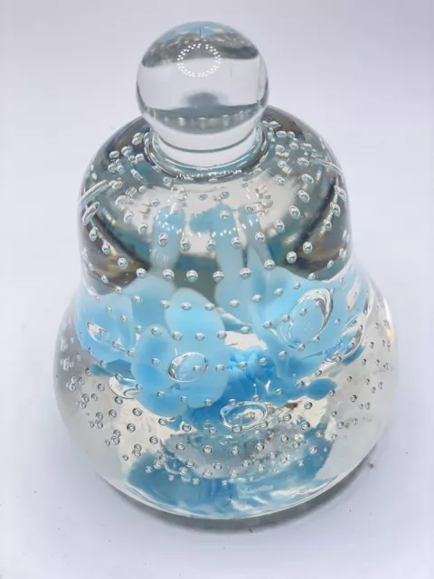 Bell Glass Paperweight Bullicante Blue Tulip Flowers Controlled Bubbles