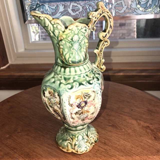 Glazed Majolica Art Pottery green Ewer with floral panels decorative handle #788