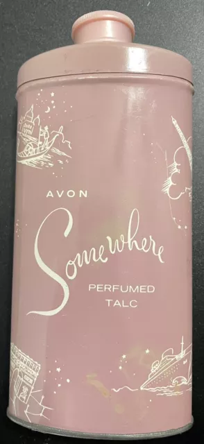 Vintage AVON Somewhere Perfumed Talc - Pink & White Tin - 2.75 oz - 95% Full