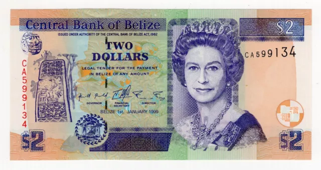1999 Belize Two 2 Dollar World Banknote Nice Bill Elizabeth Ii P-60