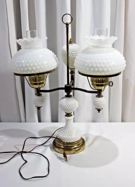 Vintage Brass Double Hurricane Parlor Table Lamp White Milk Glass Hobnail Shades