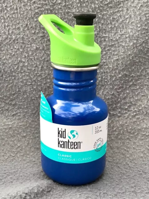 Klean Kid Kanteen 12oz Stainless Classic Blue/Green Sports Cap New w/ Tags