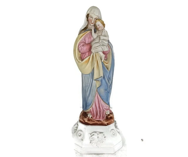 ANTIQUE PORCELAIN BISQUE Statue Virgin Mary Our Lady Madonna with ...