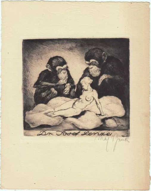 Exlibris Bookplate Radierung Max Schenke 1891-1969 Weiblicher Akt Affen