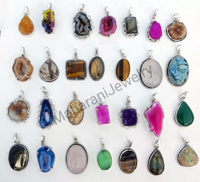 10 PCs. Mixed Gemstone Pendants Lot Wholesale Pendants Bulk 925 Silver Plated