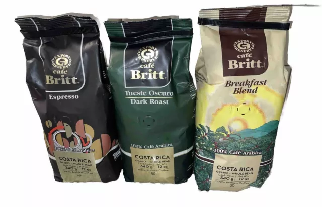 Café Britt-Costa Rican Coffee 12 oz 3-Pk Whole Beans Espresso Dark Breakfast