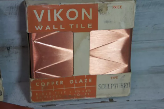 Lot Vtg Vikon Wall Tiles Mid Century MCM Copper Glaze Brushed Sculpted Diamond 3