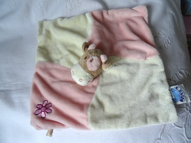 Doudou Vache Plat Carre Noukies 26 Cm  Jaune Rose Broderie Fleur