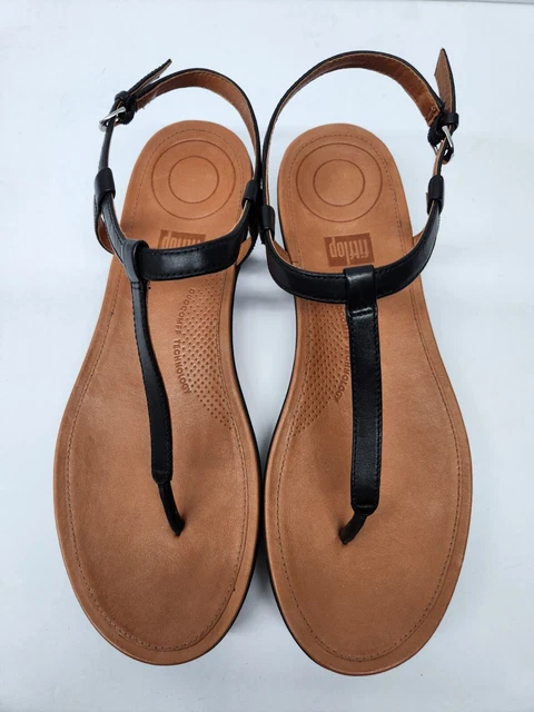 FITFLOP L36-001 Womens Size 10 Black Leather T-Strap Thong Buckled Sandals 3