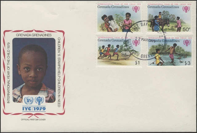 Grenada Grenadines: Everyday Kids, 4 Values + 1 Block on 2 Jewelry FDC