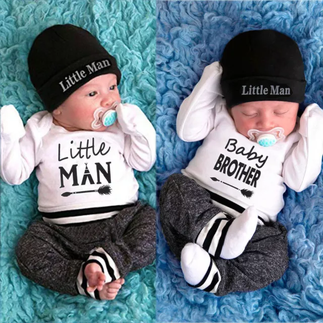 Newborn Baby Boy Brother Romper Tops Pants Hat Tracksuit Clothes Outfits Set