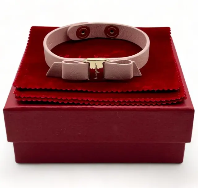 Salvatore Ferragamo Vara Ribbon Bracelet Bow Pink Leather w/Box Storage Bag