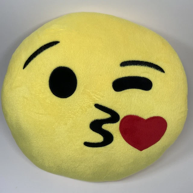 YELLOW SMILEY FACE Kissing Emoji Pillow 12" Inch Blowing Kiss Soft and