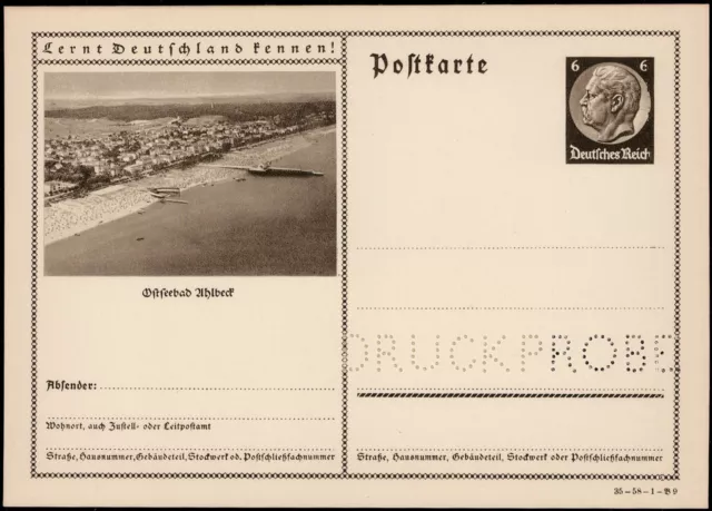 DR; 6 Pf. Hindenburg Auflage 1934/35,  * Druckproben-Bildganzsache  "AHLBECK"