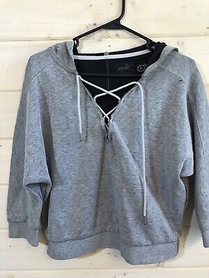 Puma Womens Dry Cell Lace Up Drawstring Grey Crop Hoodie US Size M Pullover