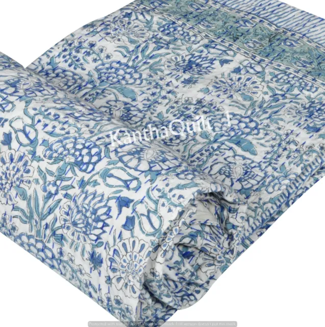 Indian Handmade King Size Cotton Kantha Quilt Hand Block Blanket Bedspread Throw