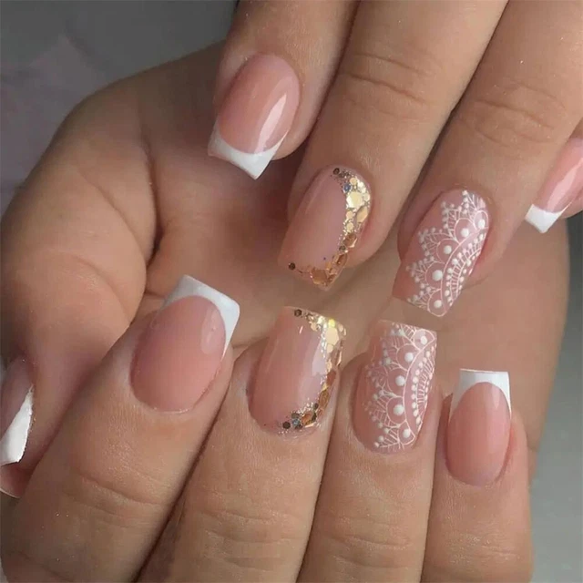 Prensa cuadrada corta con brillo blanco francés para uñas arte 24 piezas