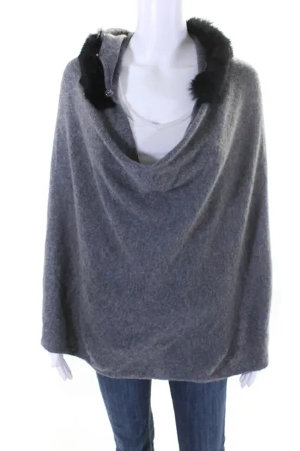 Minnie Rose Womens Faux Fur Lined Hooded Sweater Cape Poncho Gray Black One Size