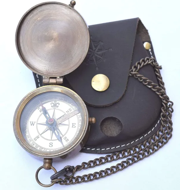 Compass, Pocket Compass, Brass Compass with Leather Carry Case, Pirates Compass