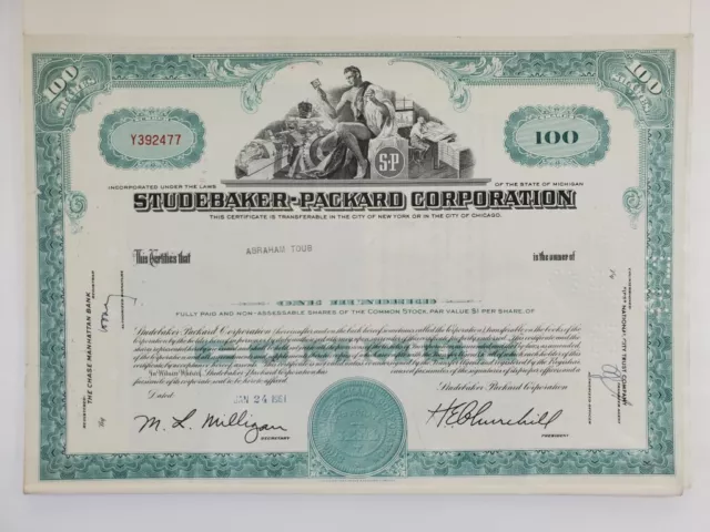 Studebaker-Packard Corporation Common Stock Certificate Jan 1961 100 Shares $1