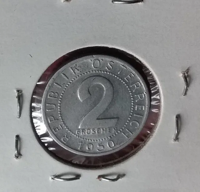 Austria 1950 Two Groschen Brilliant Uncirculated Aluminum Coin