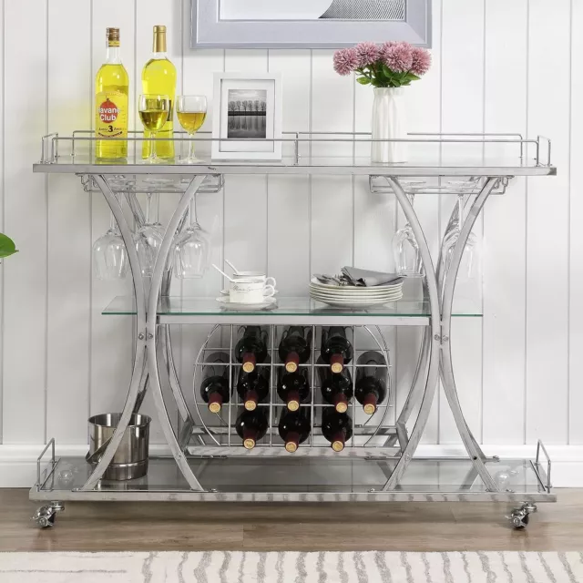 Bar Serving Cart with Glass Holder and Wine Rack, 3-Tier Kitchen Trolley Silver