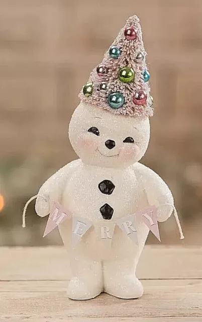 Bethany Lowe Christmas Pastel Merry Snowman w/ Bottlebrush Tree ~  TL1355 ~ 6"