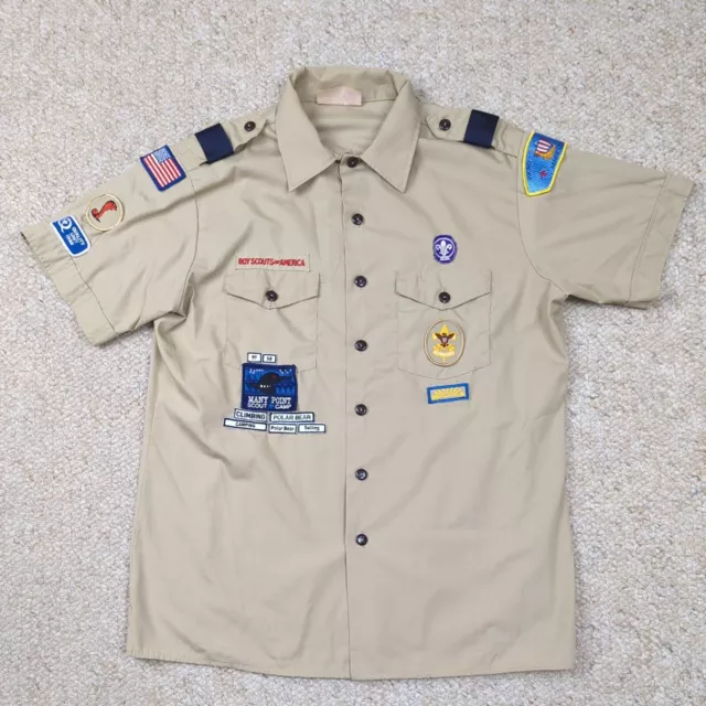 Vintage BSA Boy Scout Uniform Shirt Men L Tan Khaki Short Sleeve Patches Sewn