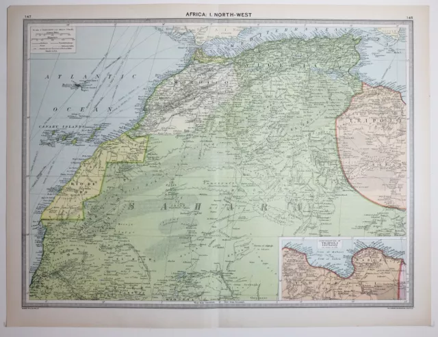 1920 Large Map Africa North West Sahara Rio De Oro Canary Islands Morocco