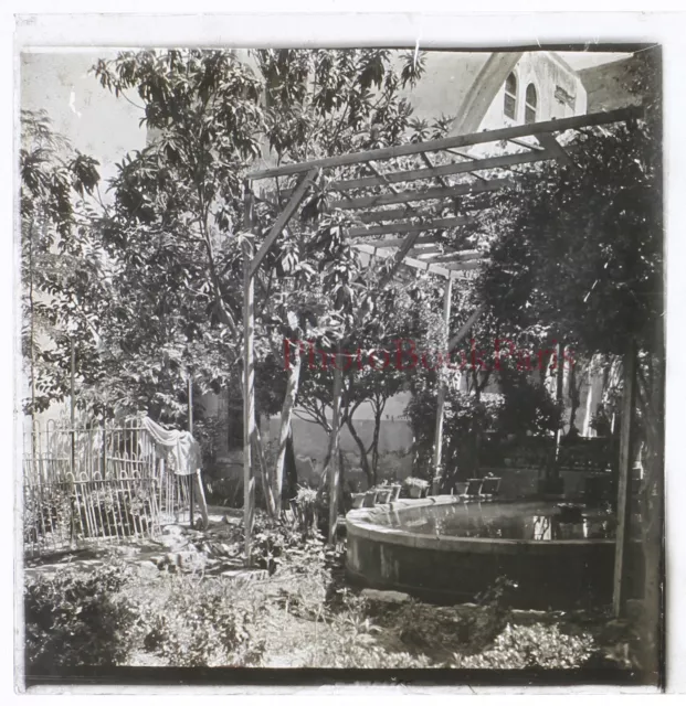 Liban ou Syrie Jardin Fontaine c1920 Photo Plaque de verre Stereo Vintage V32