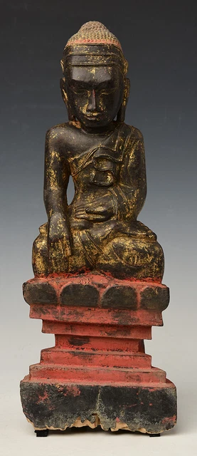 18th Century, Shan, Antique Burmese Wooden Seated Buddha