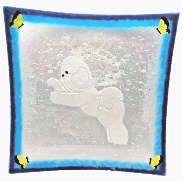 Iridescent Fused Glass Dog / Poodle Blue Plate Tray 11.5" Hard to Find RARE