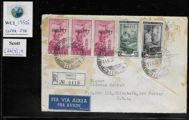 WC1_13526. ITALY: TRIESTE FTT. Cover w. 3 1949 300 Lire air & more. Scott C14,+