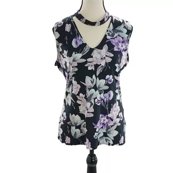 White House Black Market Blouse Black Floral V Neck Sleeveless Womens Size M