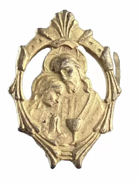 Vintage Catholic Jesus First Holy Communion Gold Tone Religious Medal Pin