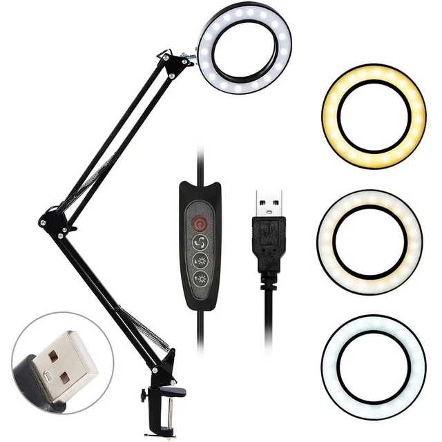 Lampada d'ingrandimento LED 5 scomparti con morsetto, lampada da scrivania con 3 modalità colore dimmerabile