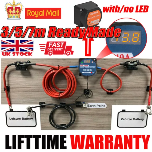 3-7m Split Charge Relay kit 12V 140amp VSR Ready Made Cable for leisure battery