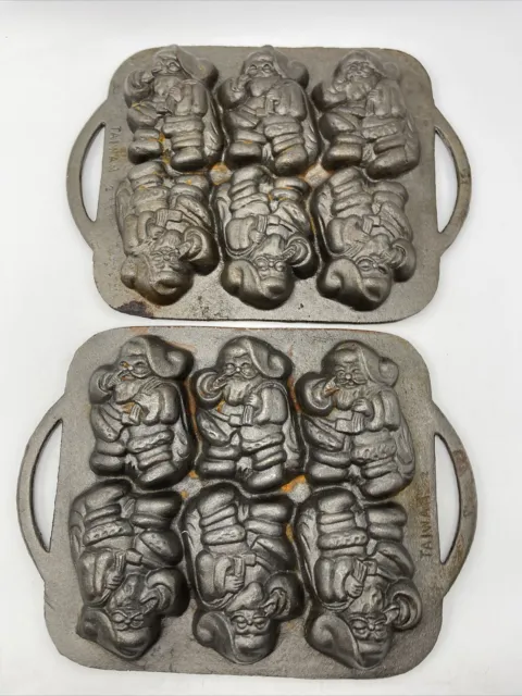 Pair of Santa Claus Cast Iron Baking Pan 6 Muffin Christmas Cookie Soap Molds