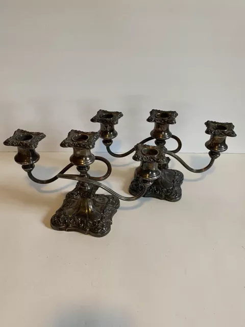 Set Of 2 Early Silver Plate 3 Arm  Candelabra.  Ornate & Heavy.