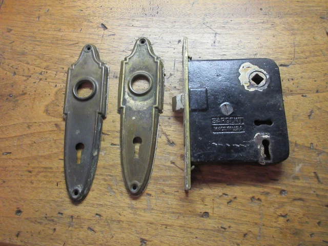 Vintage Brass Door Knob Face Plates with  Key Hole Pair + Door Latch Assembly