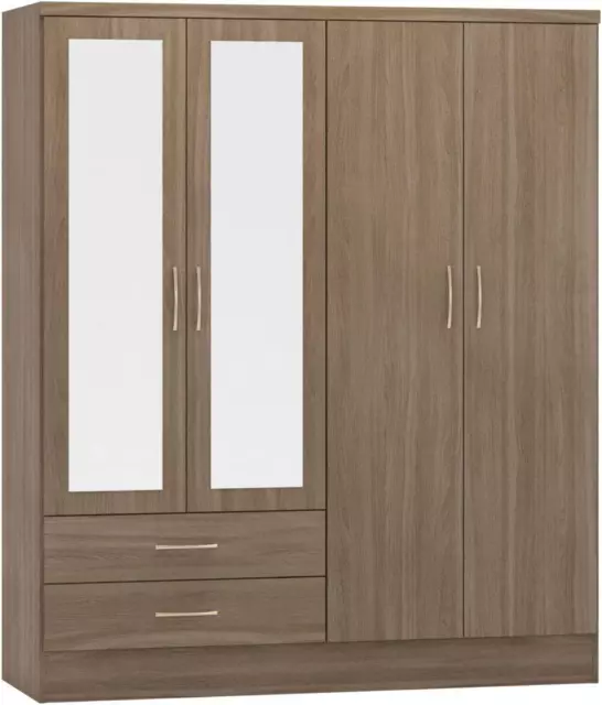 4 Door Wardrobe Robe Mirrored Cabinet Storage Unit Closet Nevada Rustic Oak