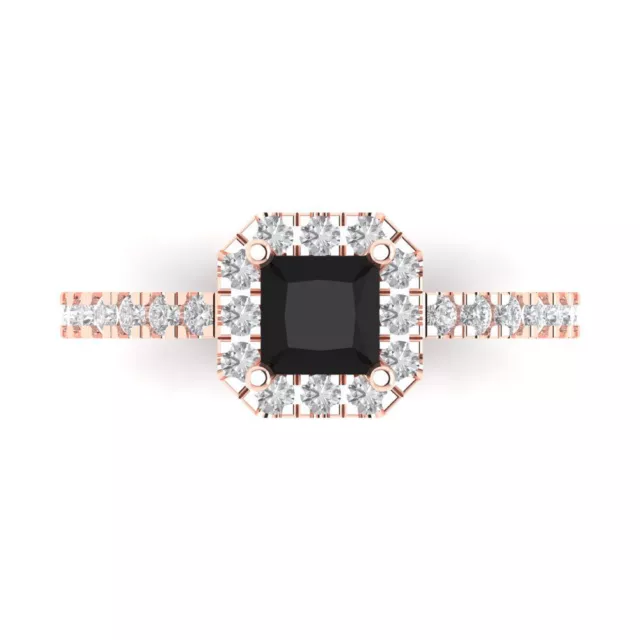 1.4ct Princess Cut Onyx Real 18k Pink Gold Halo Statement Wedding Bridal Ring