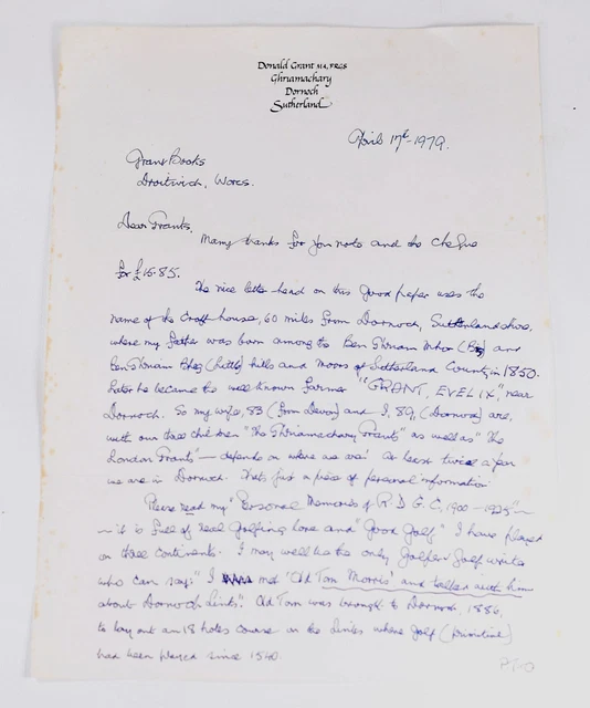 Hand written and signed letter by Donald Grant regarding his book Personal 1979