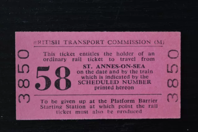 BTC Railway Ticket No 3850 TRAIN 58 ST ANNES-ON-SEA