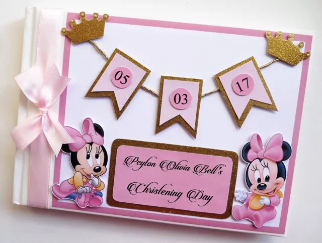 Personalised baby minnie birthday guest book, gold and pink minnie album, gift