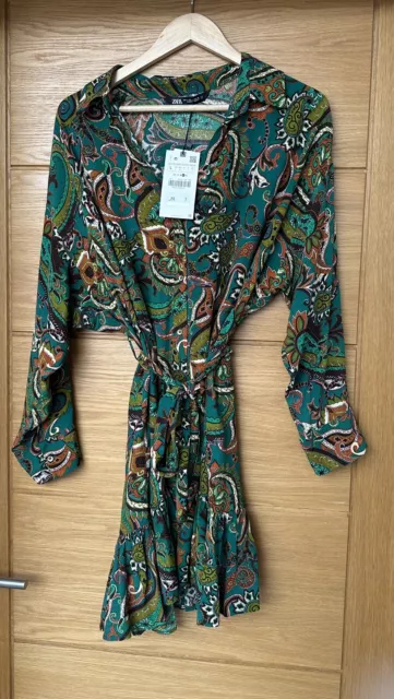 Zara Printed Shirt Dress With Belt.  Size L.  Green Paisley