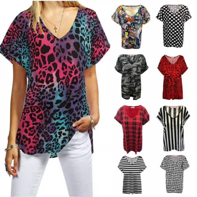 Womens Ladies Print Oversized Baggy Plus Size Top Loose V Neck Turn Up Batwing